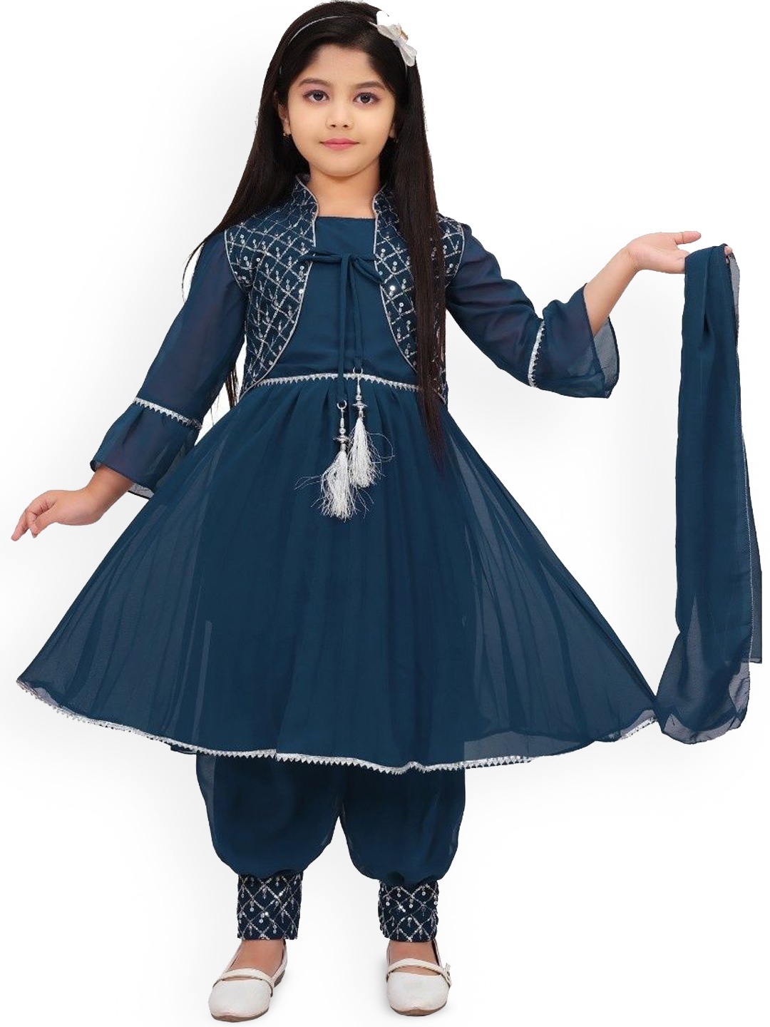 

Samshil Fashion Girls Sequinned Embroidered A-Line Kurti With Patiala And Dupatta & Jacket, Blue