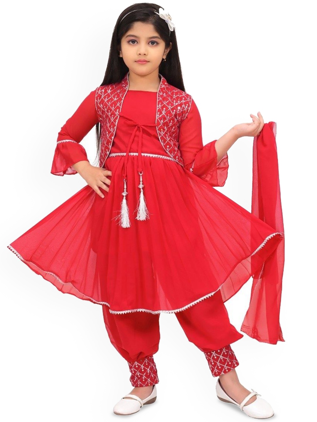 

Samshil Fashion Girls Sequinned Embroidered A-Line Kurti With Patiala And Dupatta & Jacket, Red
