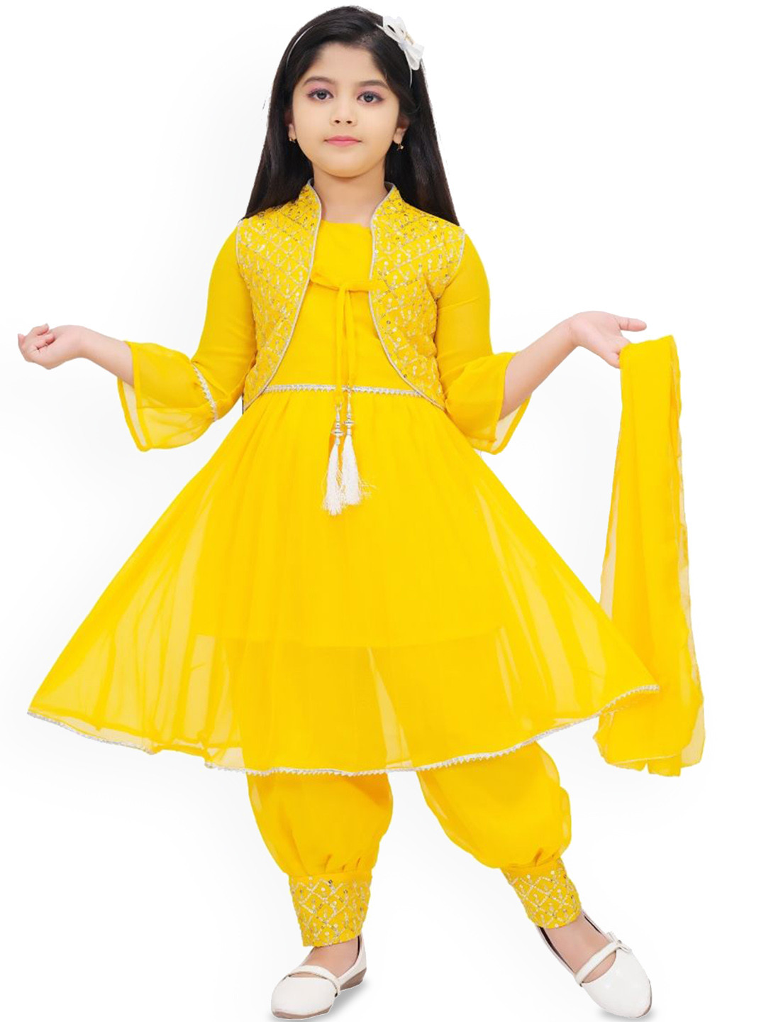 

Samshil Fashion Girls Sequinned Embroidered A-Line Kurti With Patiala And Dupatta & Jacket, Yellow