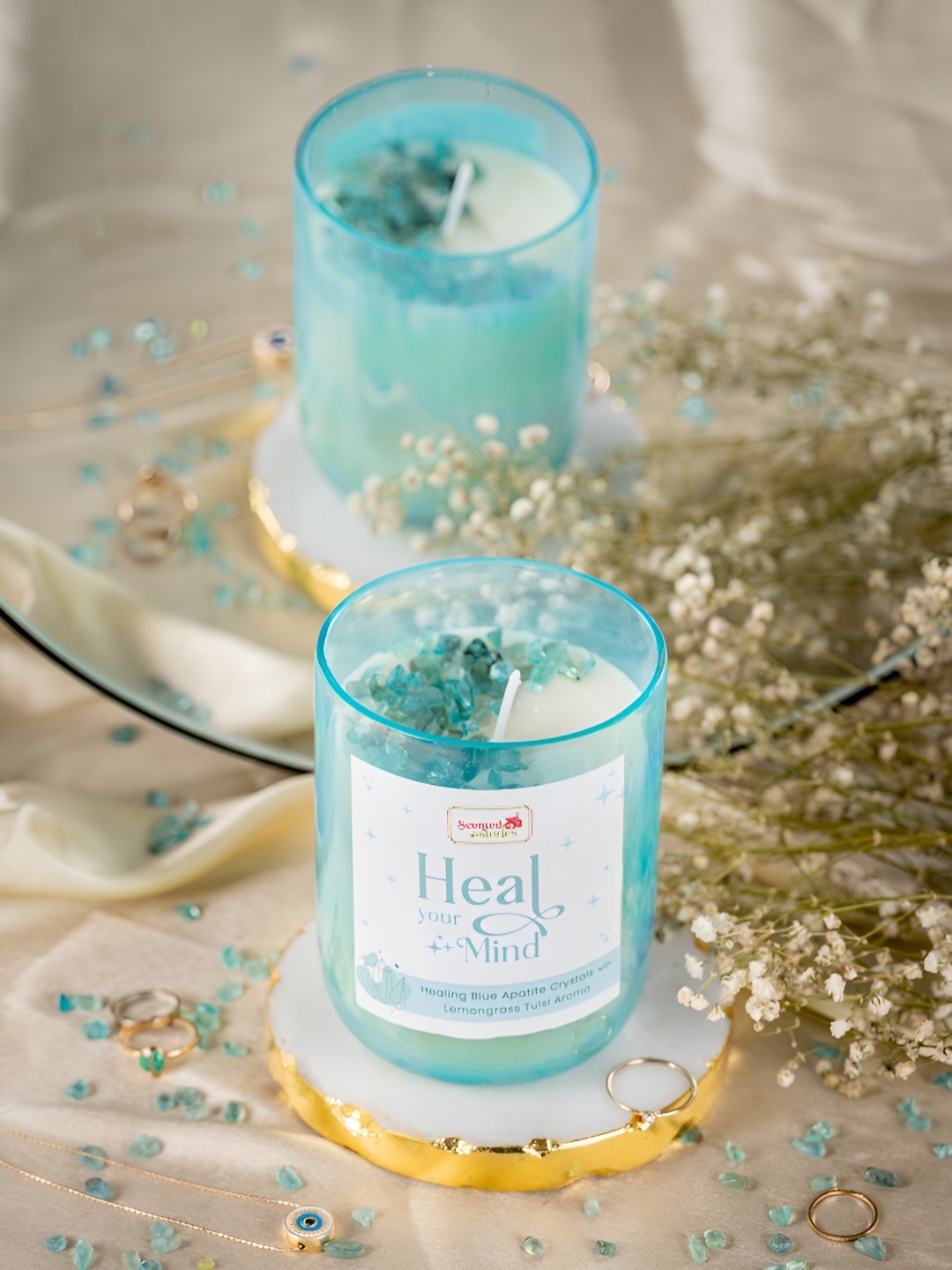 

Scented Stories White & Green Heal Your Mind Crystal Candle