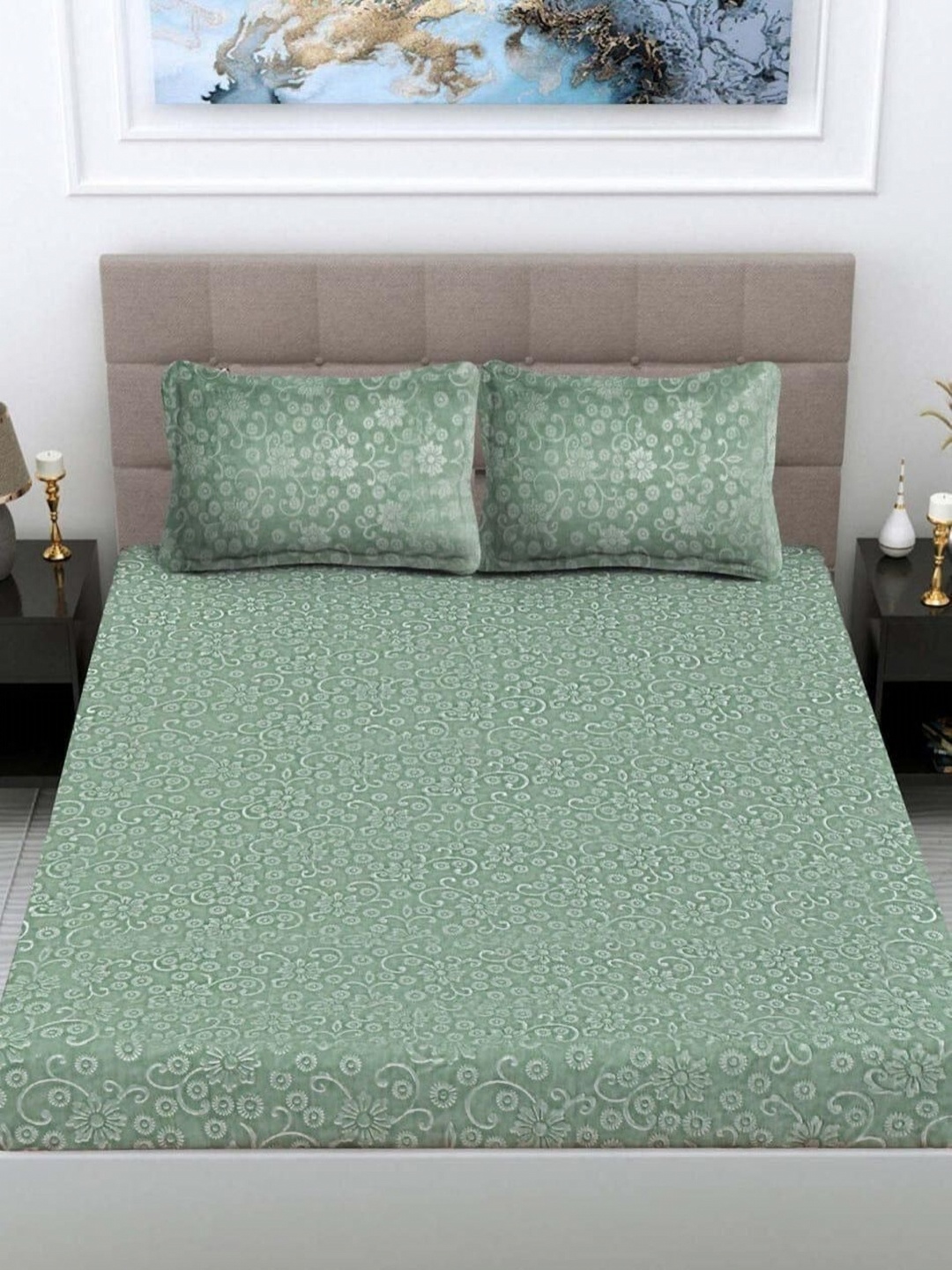 

BLUEDOT Embossed Green Floral 300 TC King Bedsheet Set 1.98 m x 1.82 m