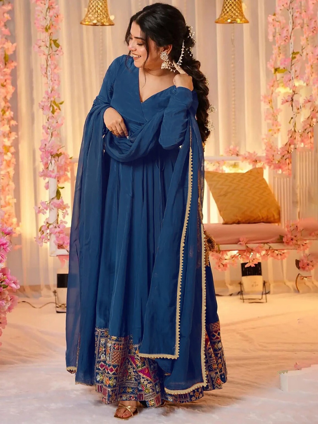 

Kedar Fab Ethnic Motifs Embellished V-Neck Pure Georgette Angrakha Kurta, Blue