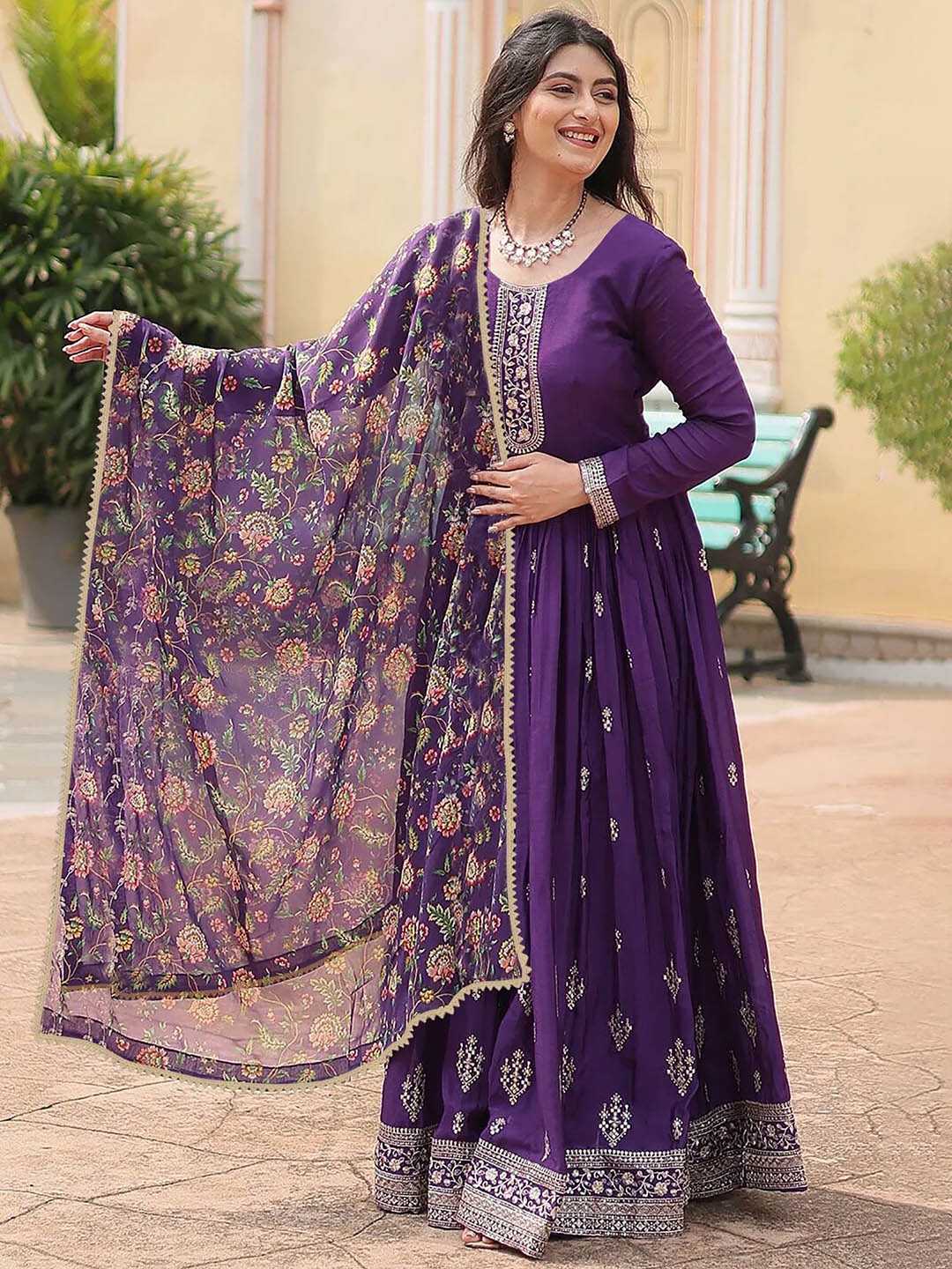 

Kedar Fab Floral Embroidered Round Neck Pure Georgette Anarkali Kurta, Purple
