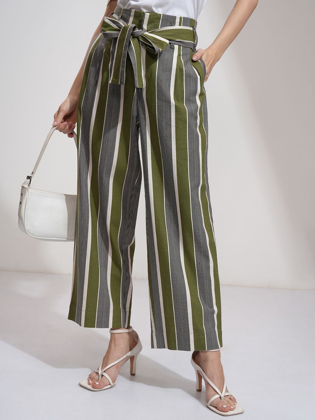 

Tokyo Talkies Women Linen Stripe Waist Tie-Up Wideleg Pants, Green
