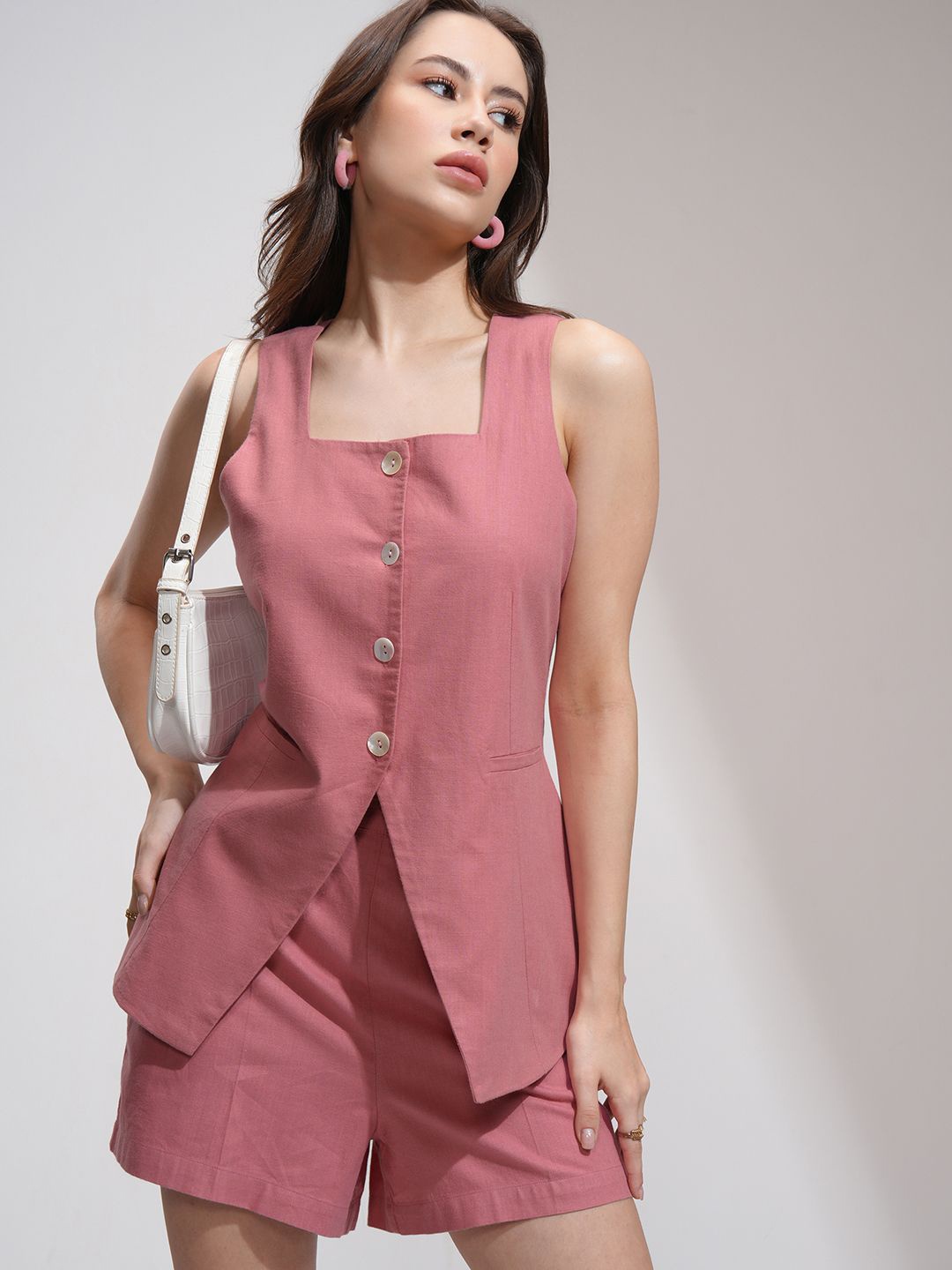 

CHIC BY TOKYO TALKIES Square Neck Cotton Waistcoat & Shorts, Pink