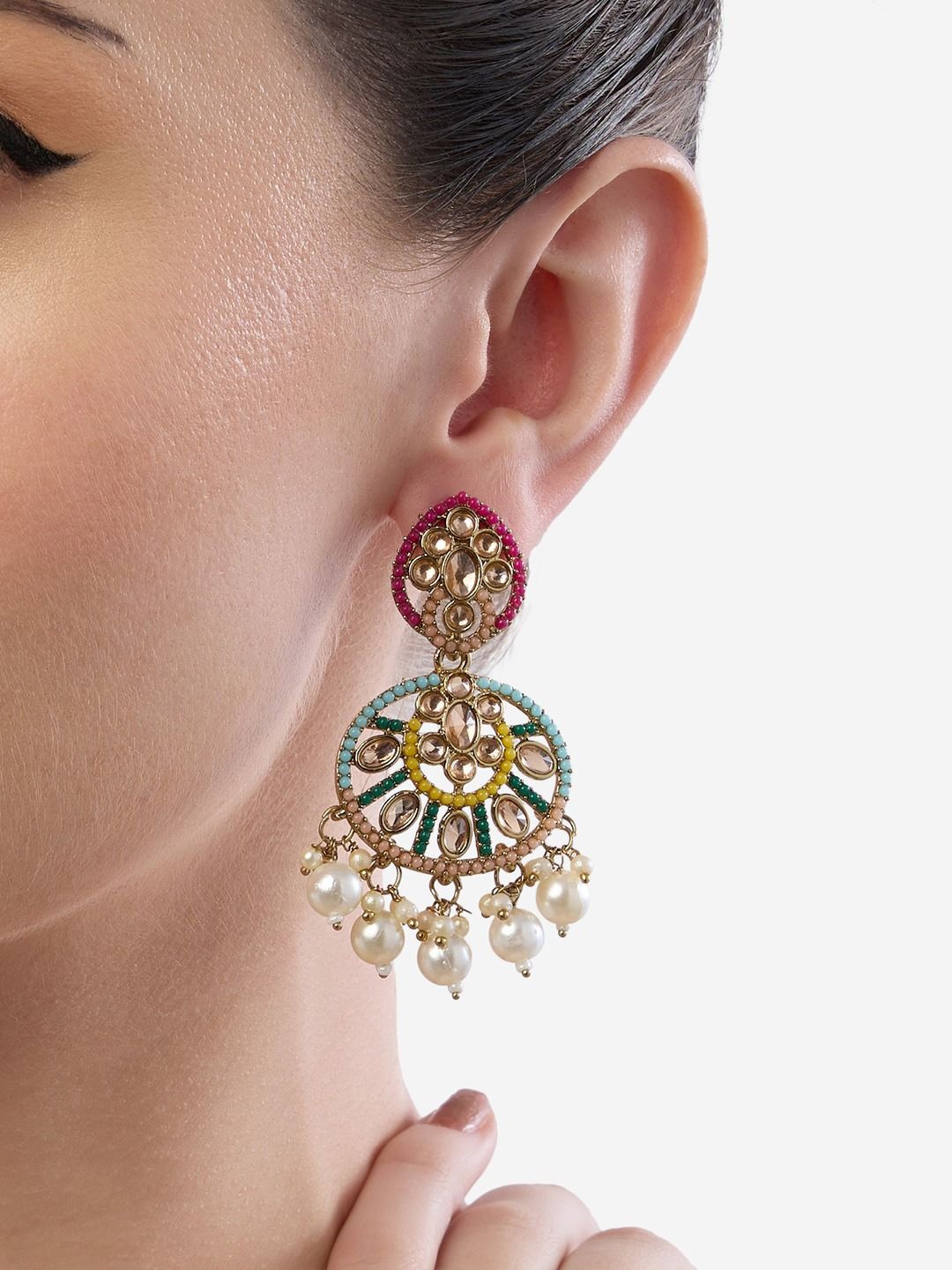 

Zaveri Pearls Gold-Plated Artificial Stones Studded & Beaded Circular Shaped Drop Earrings