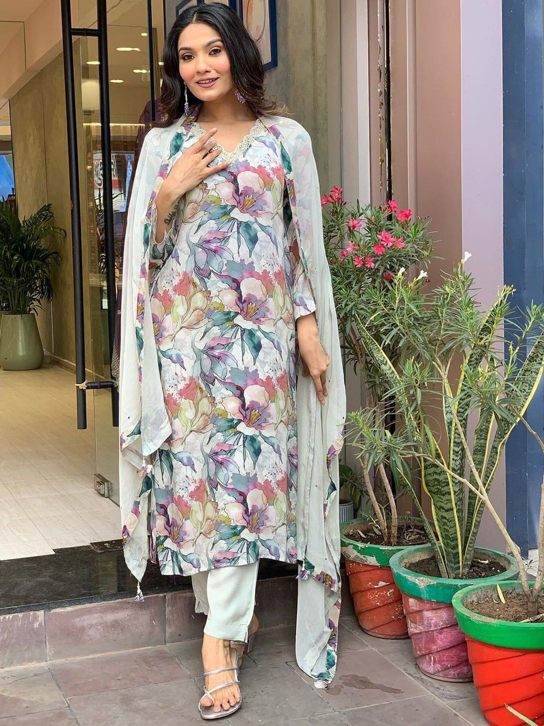 

Anni Designer Floral Printed V-Neck Straight Kurta with Trousers and Dupatta, Grey