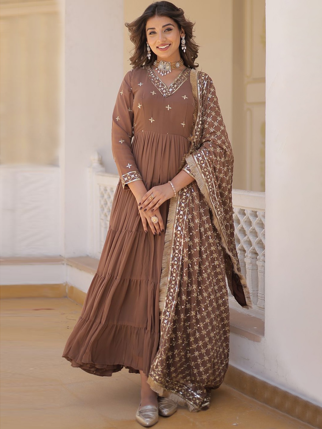 

KALINI Ethnic Motifs Embroidered Kurta With Dupatta, Brown