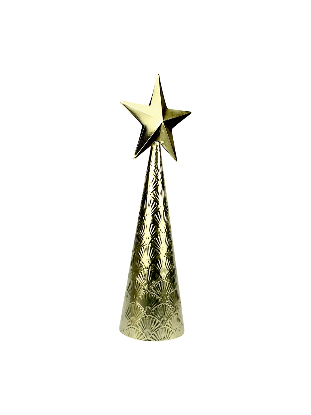 

Hind Decor Gold-Toned Textured Metal Cone with Star on Top Showpiece