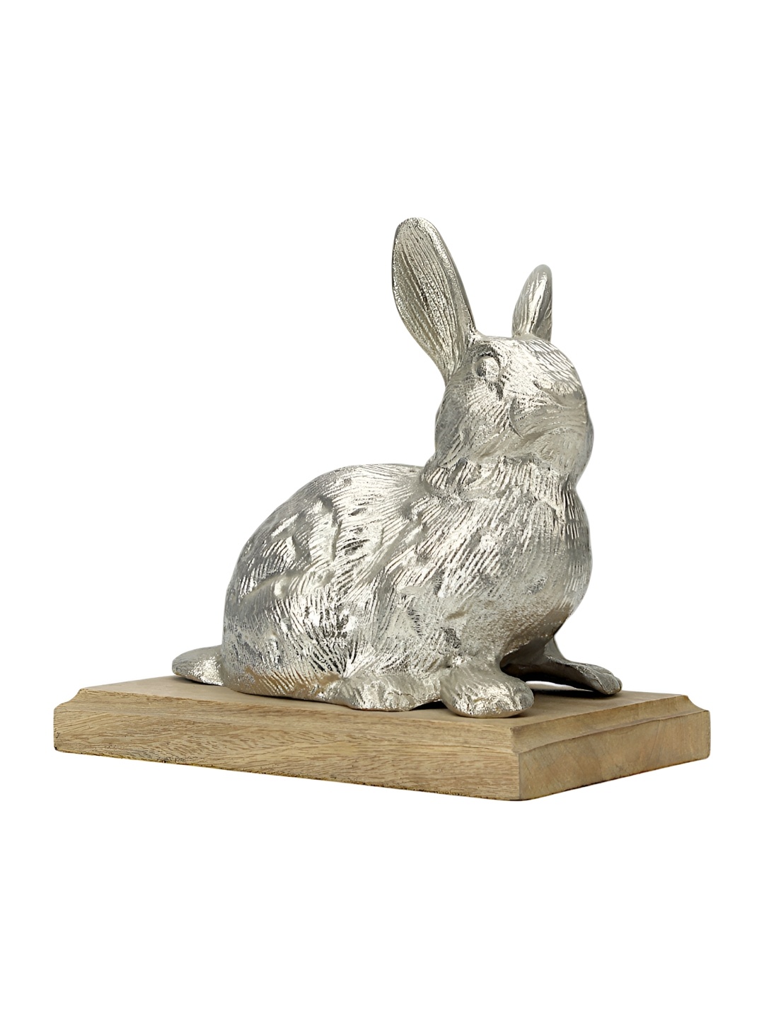 

Hind Decor Silver-Toned Textured Aluminum Bunny on Wooden Base Showpiece