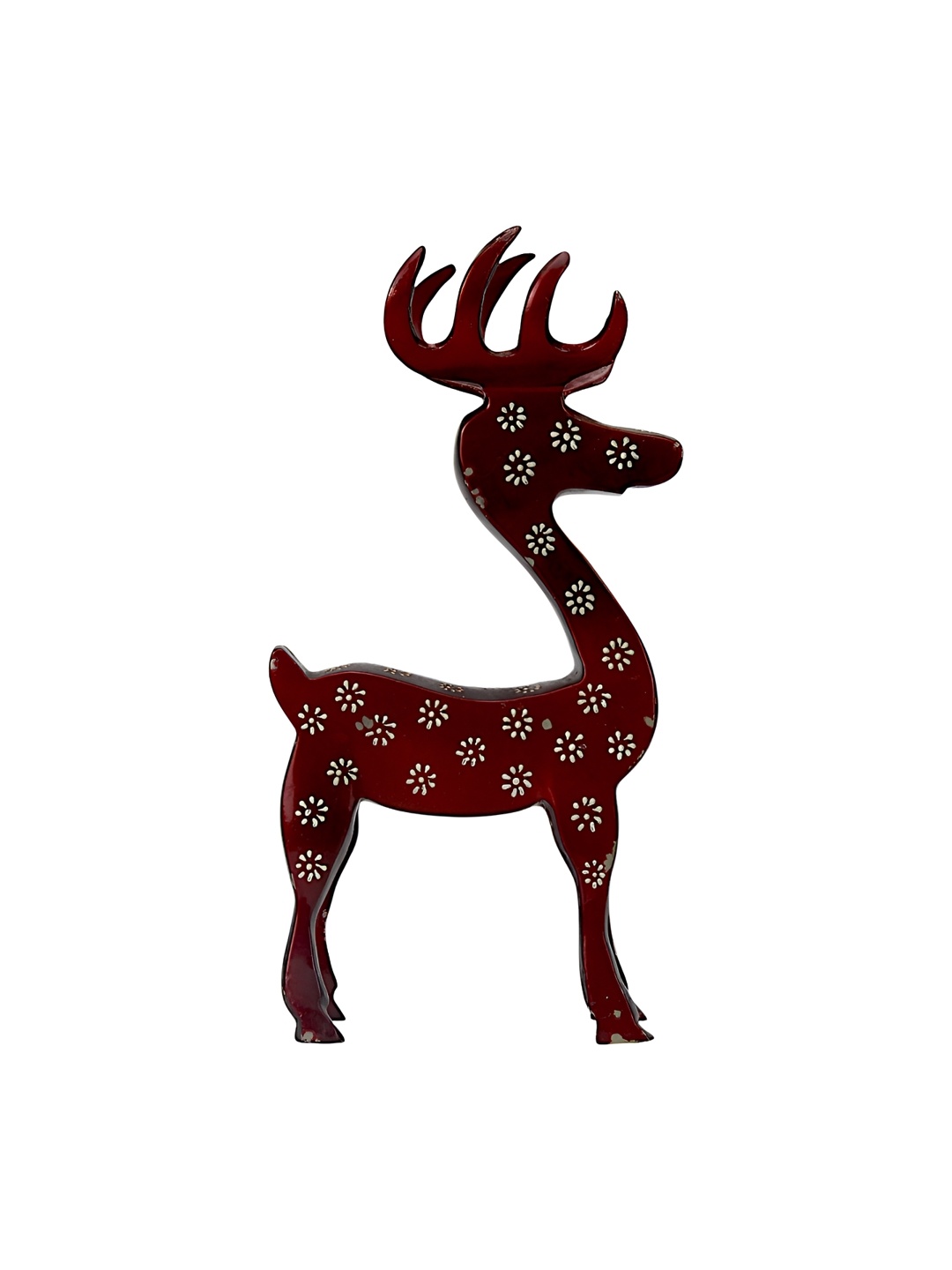 Hind Decor Red & White Printed Wooden Reindeer Showpiece