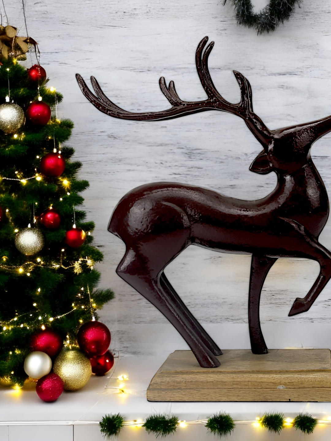 

Hind Decor Red & Black Aluminum Long Horn Reindeer on Wooden Base Showpiece