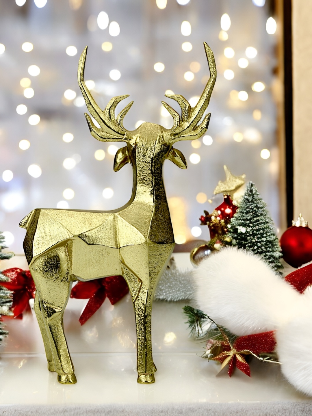 

Hind Decor Gold-Toned Textured Aluminum Standing Reindeer Showpiece