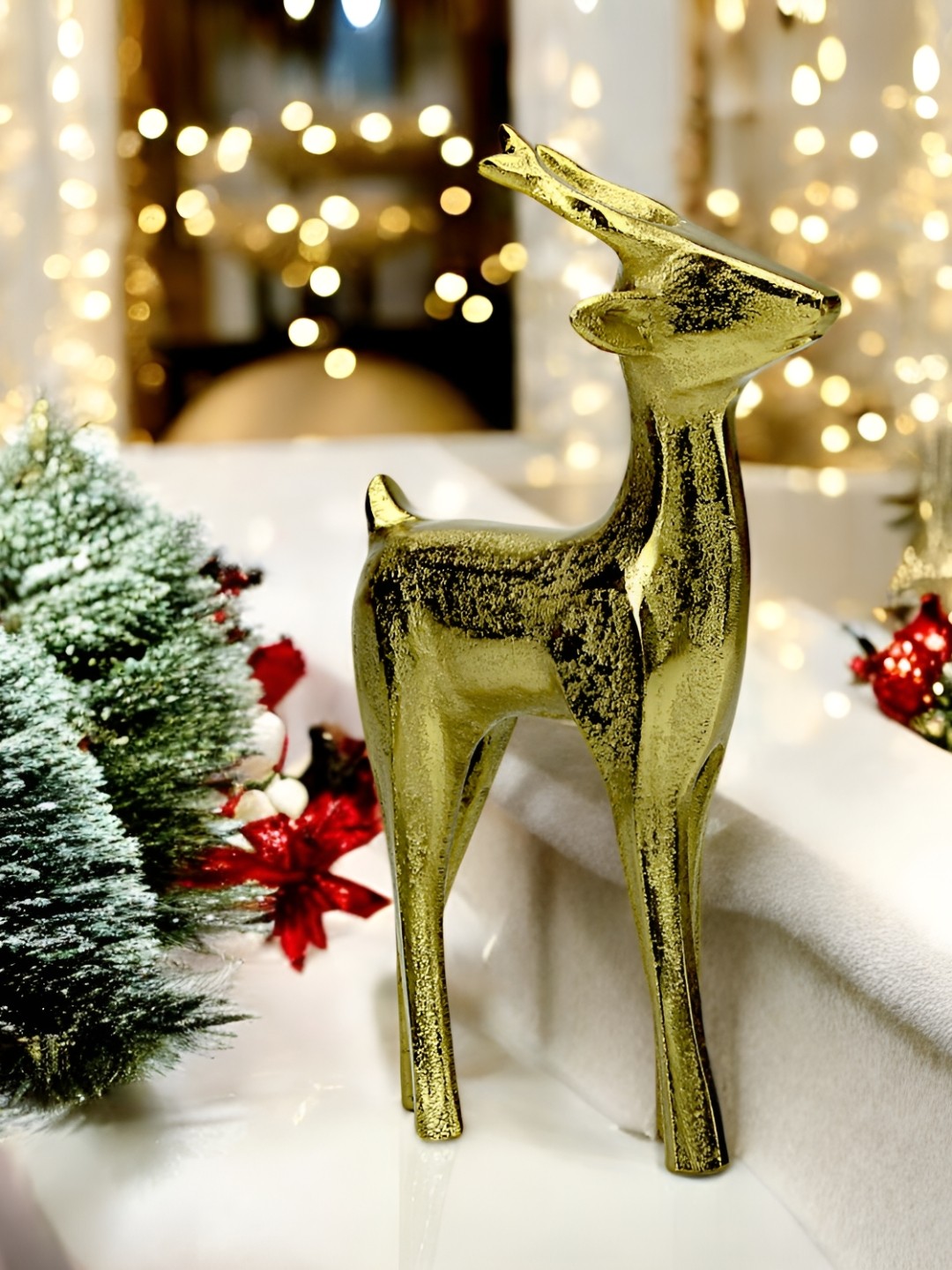 

Hind Decor Gold-Toned Aluminium Standing Deer Birds and Animals Figurine Showpiece