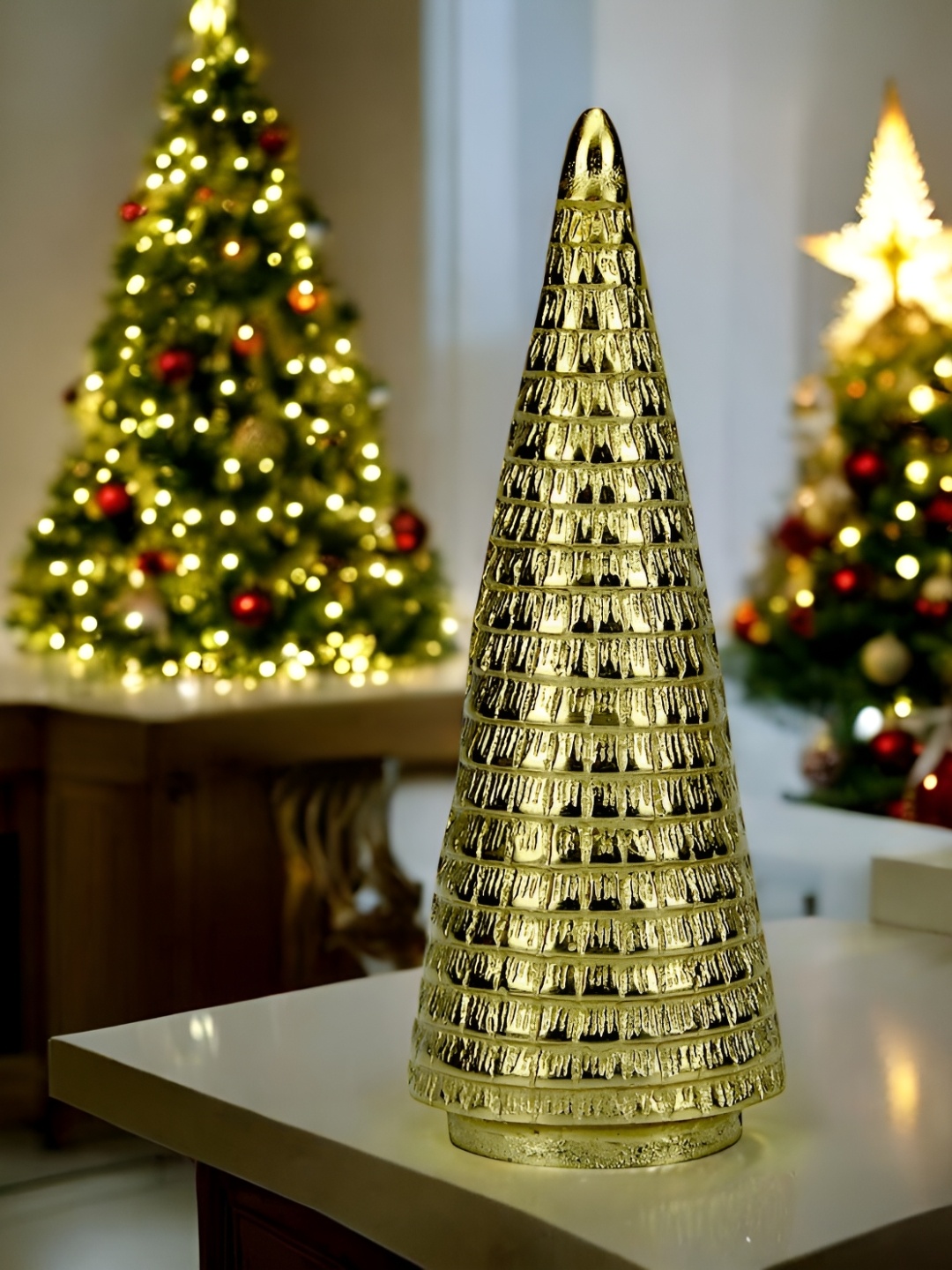 

Hind Decor Gold Toned Elegant Christmas Cone Showpiece