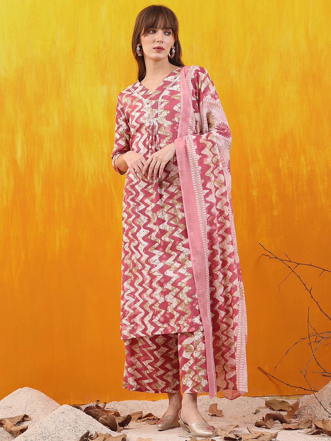 

KALINI Chevron Printed V-Neck Straight Kurta With Palazzo And Dupatta, Pink