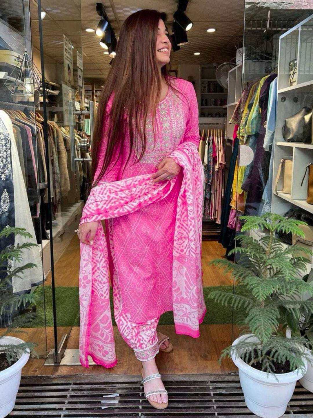 

TRAHIMAM Floral Embroidered Pure Cotton Kurta With Trouser And Dupatta, Pink