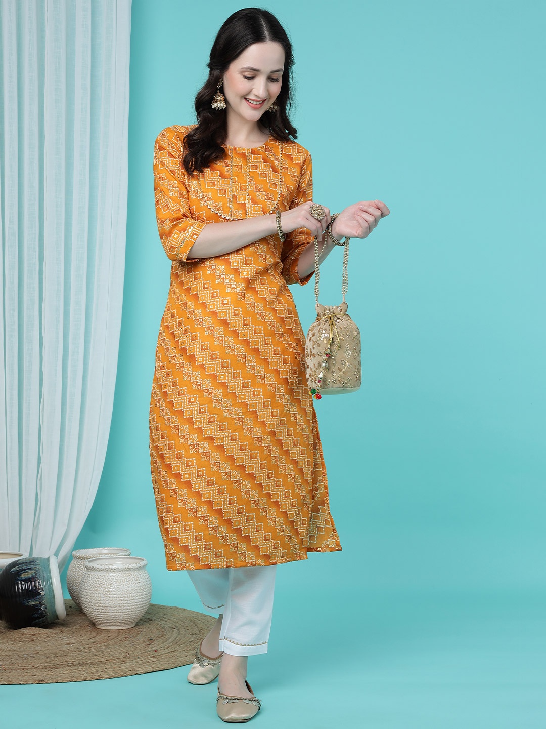 

TRAHIMAM Ethnic Motifs Printed Round Neck Straight Kurta With Trouser And Dupatta, Mustard