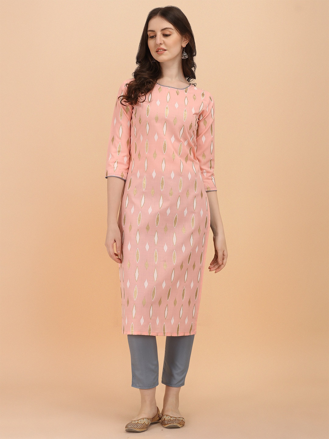 

TRAHIMAM Geometric Printed Pure Cotton Round Neck Straight Kurta With Trouser, Pink