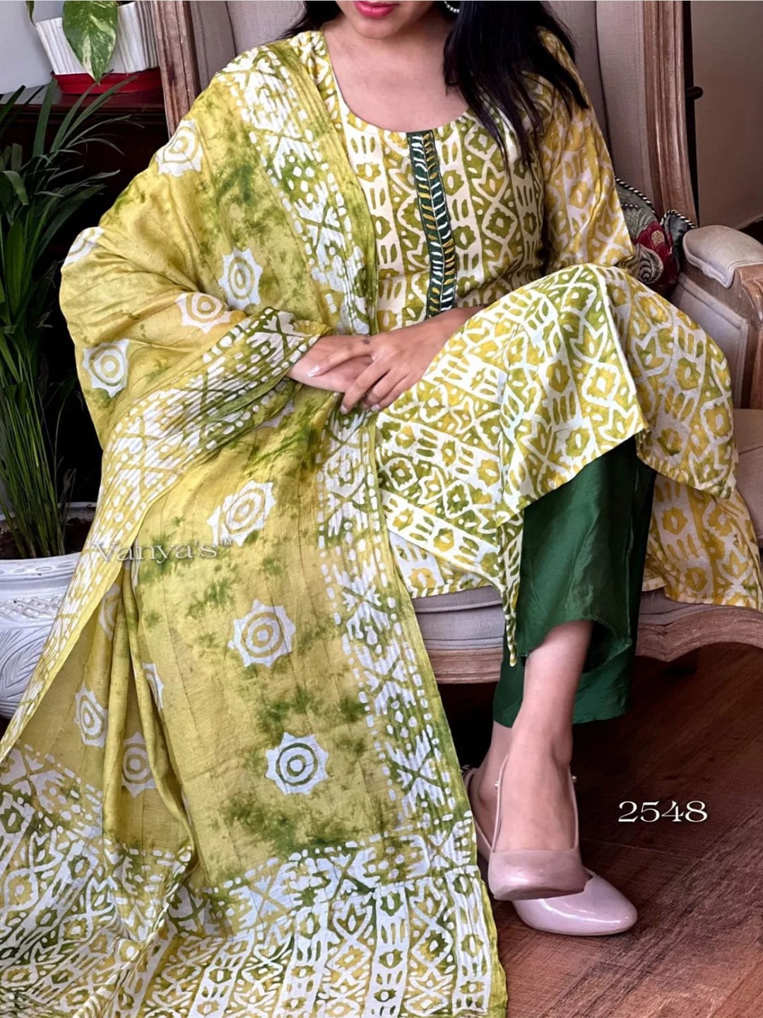 

TRAHIMAM Ethnic Motifs Printed Round Neck Straight Kurta With Trouser And Dupatta, Yellow
