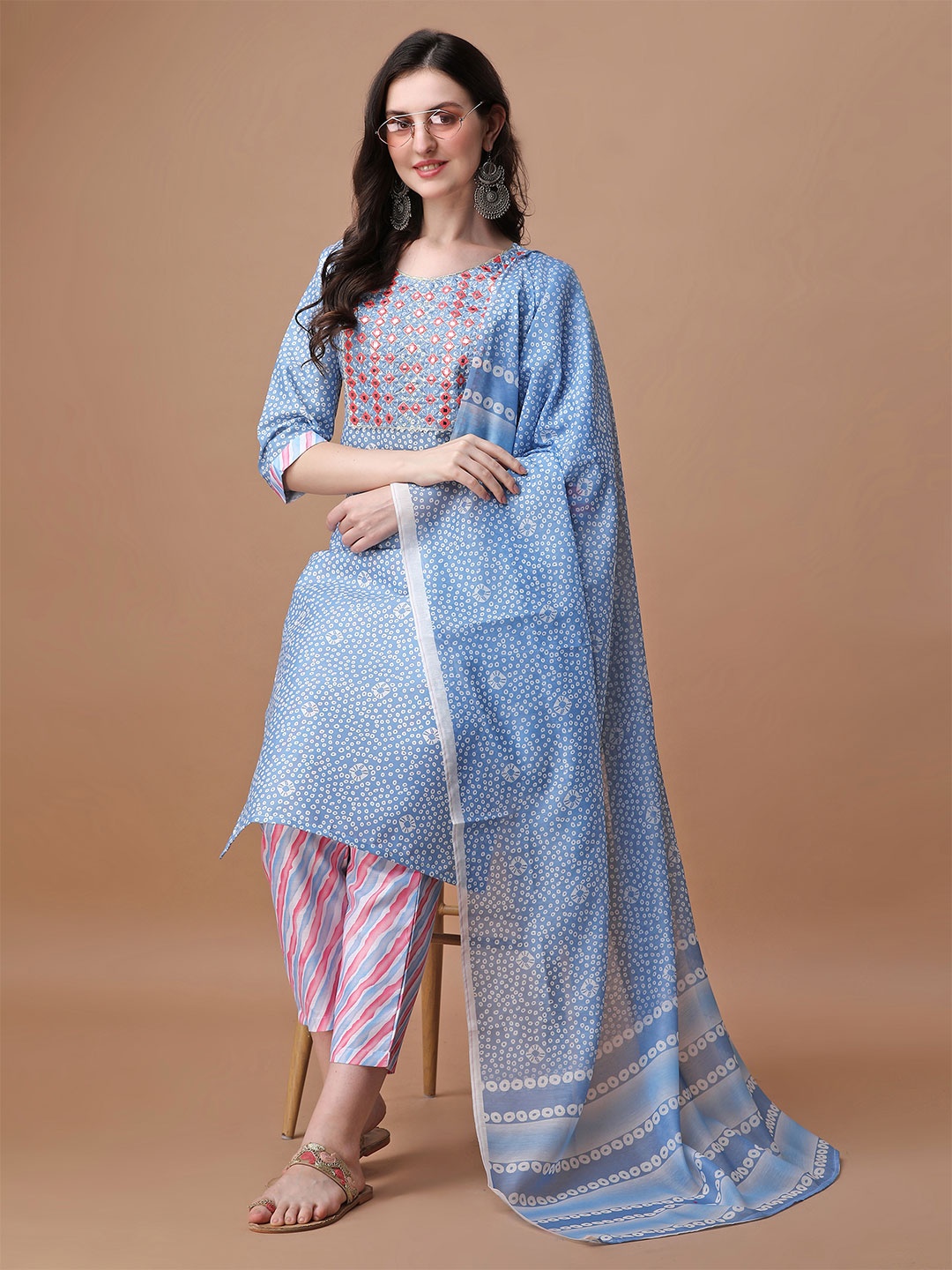 

TRAHIMAM Bandhani Printed Mirror Work Embroidered Straight Kurta With Trouser And Dupatta, Blue