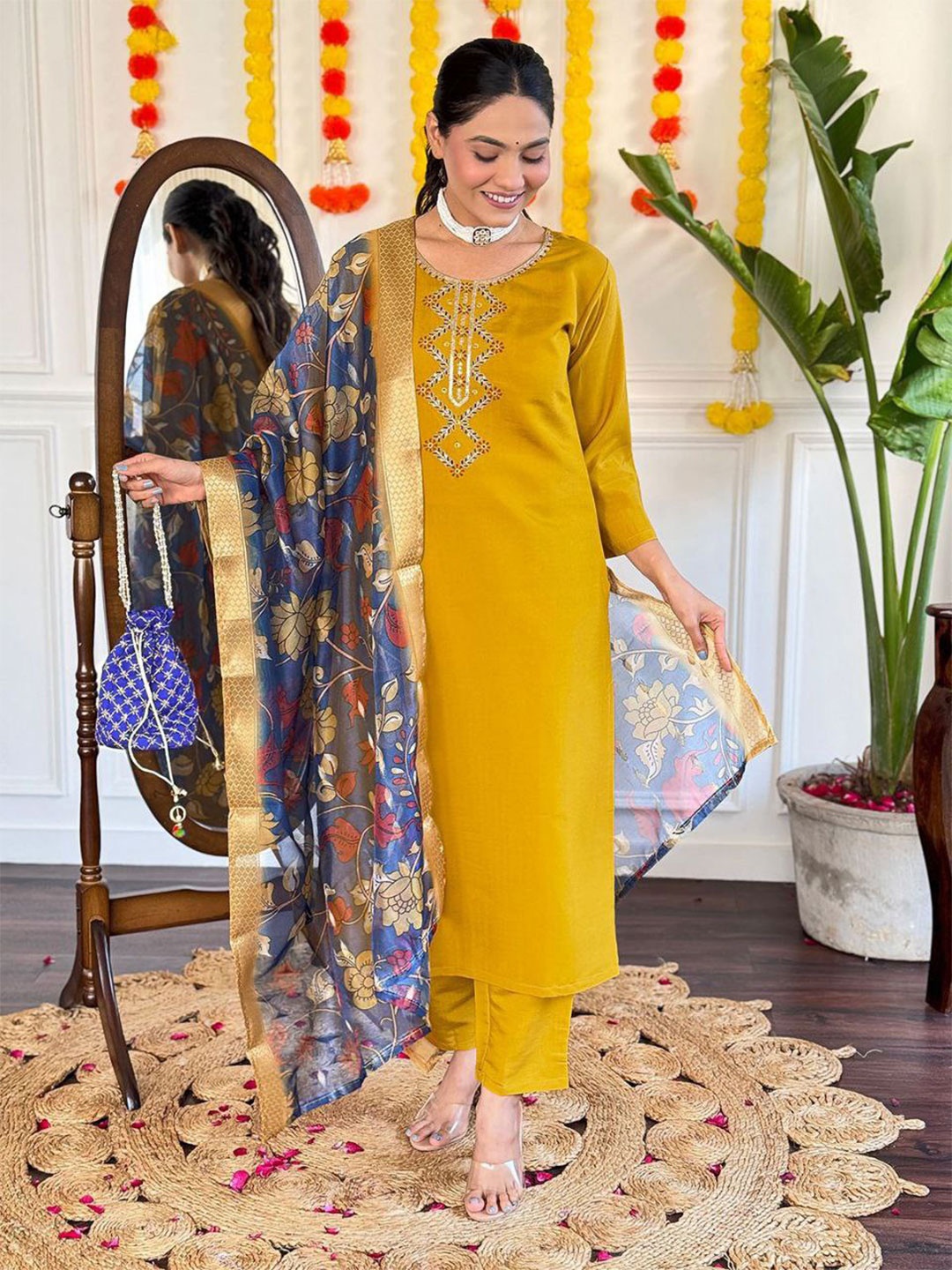 

TRAHIMAM Floral Embroidered Chanderi Silk Straight Kurta With Trouser And Dupatta, Yellow