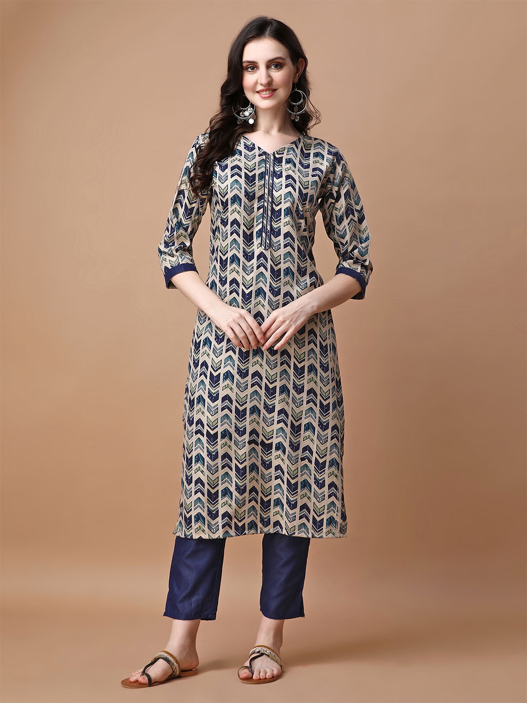 

TRAHIMAM Geometric Printed V-Neck Straight Kurta With Trousers, Beige