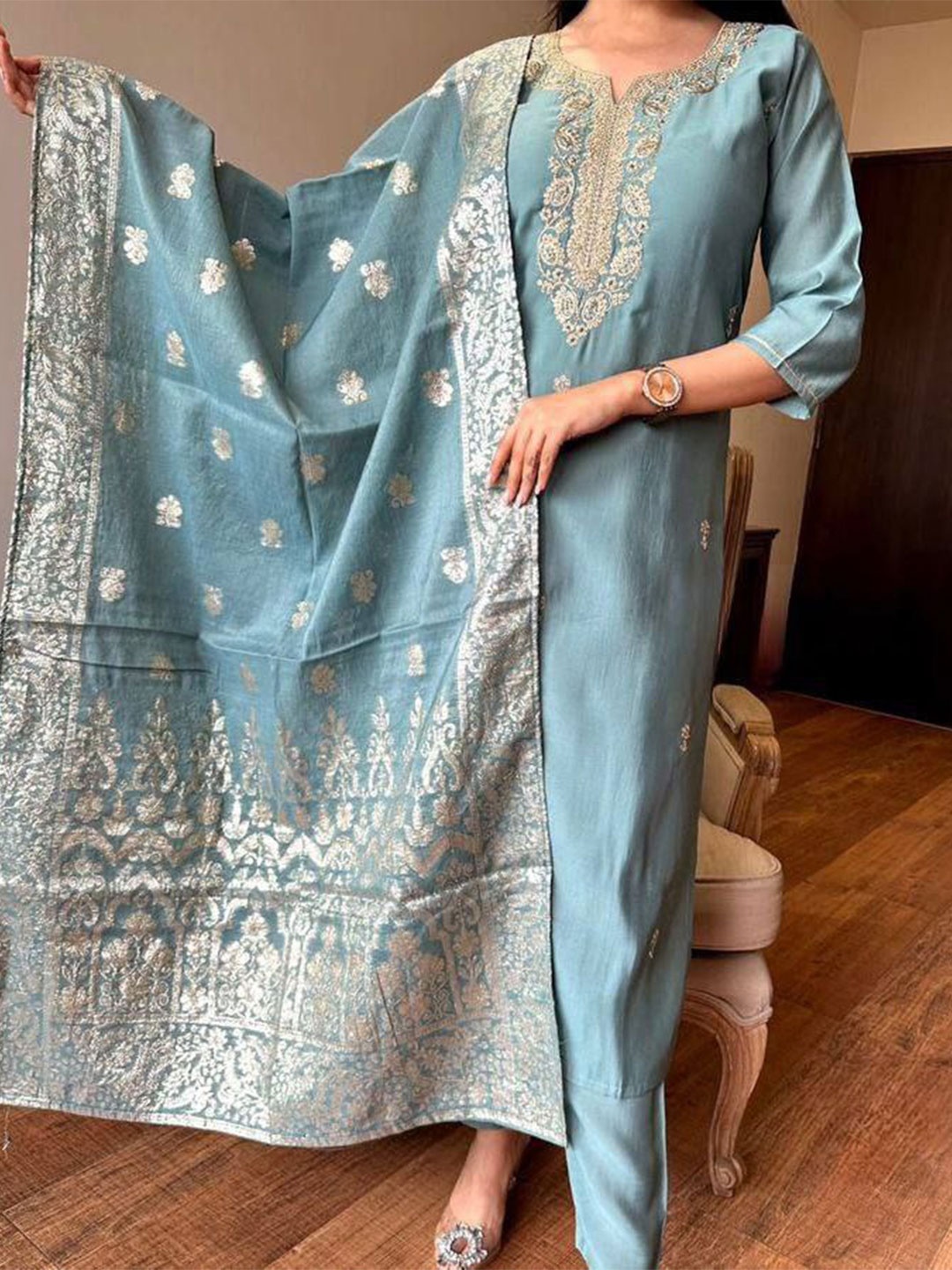 

TRAHIMAM Ethnic Motifs Embroidered Chanderi Silk Kurta With Trousers & Dupatta, Blue