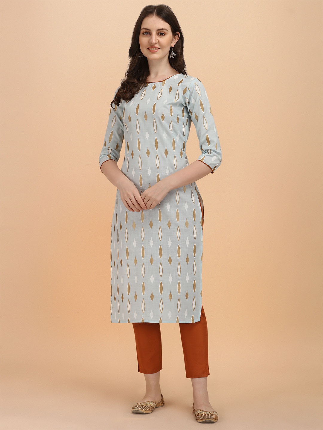 

TRAHIMAM Geometric Printed Pure Cotton Straight Kurta With Palazzos, Blue