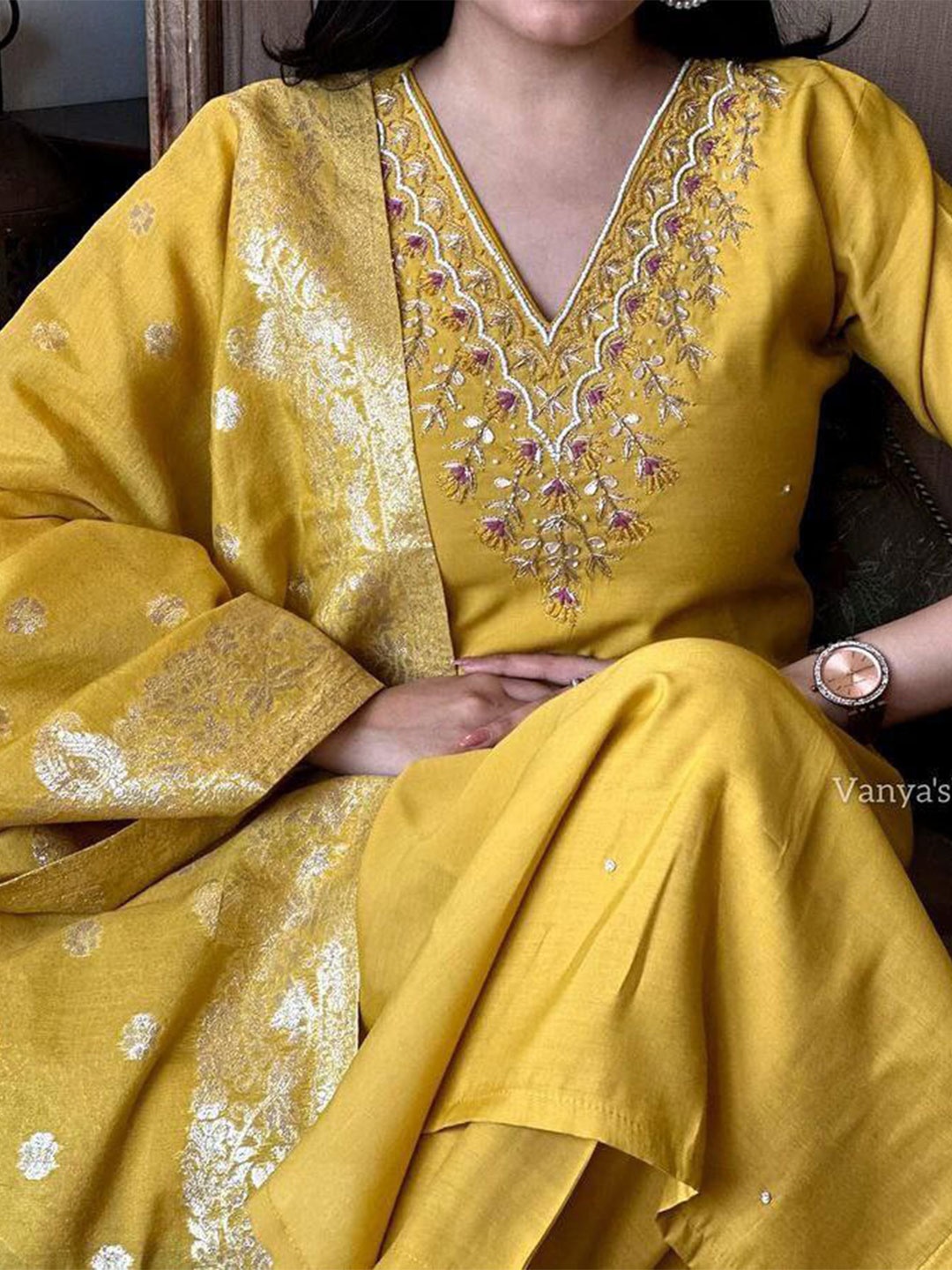 

TRAHIMAM Floral Embroidered Chanderi Silk V-Neck Straight Kurta With Trouser And Dupatta, Mustard