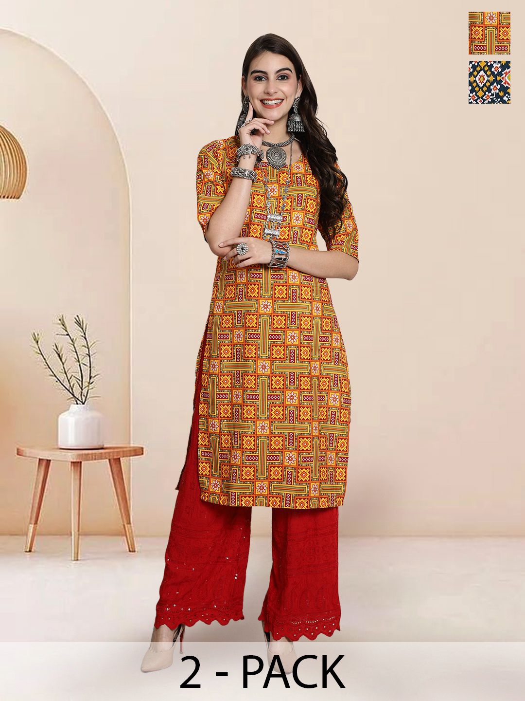 

7Threads Selection Of 2 Geometric Printed Round Neck Straight Kurta, Yellow
