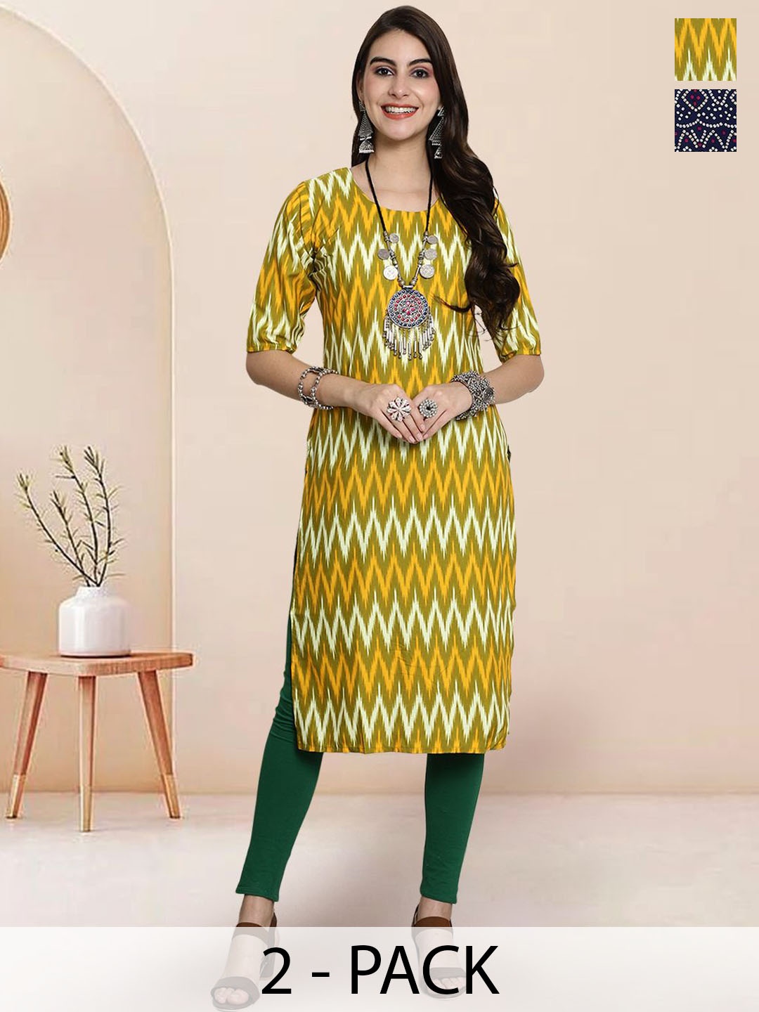

7Threads Selection Of 2 Chevron Printed Straight Kurtas, Yellow