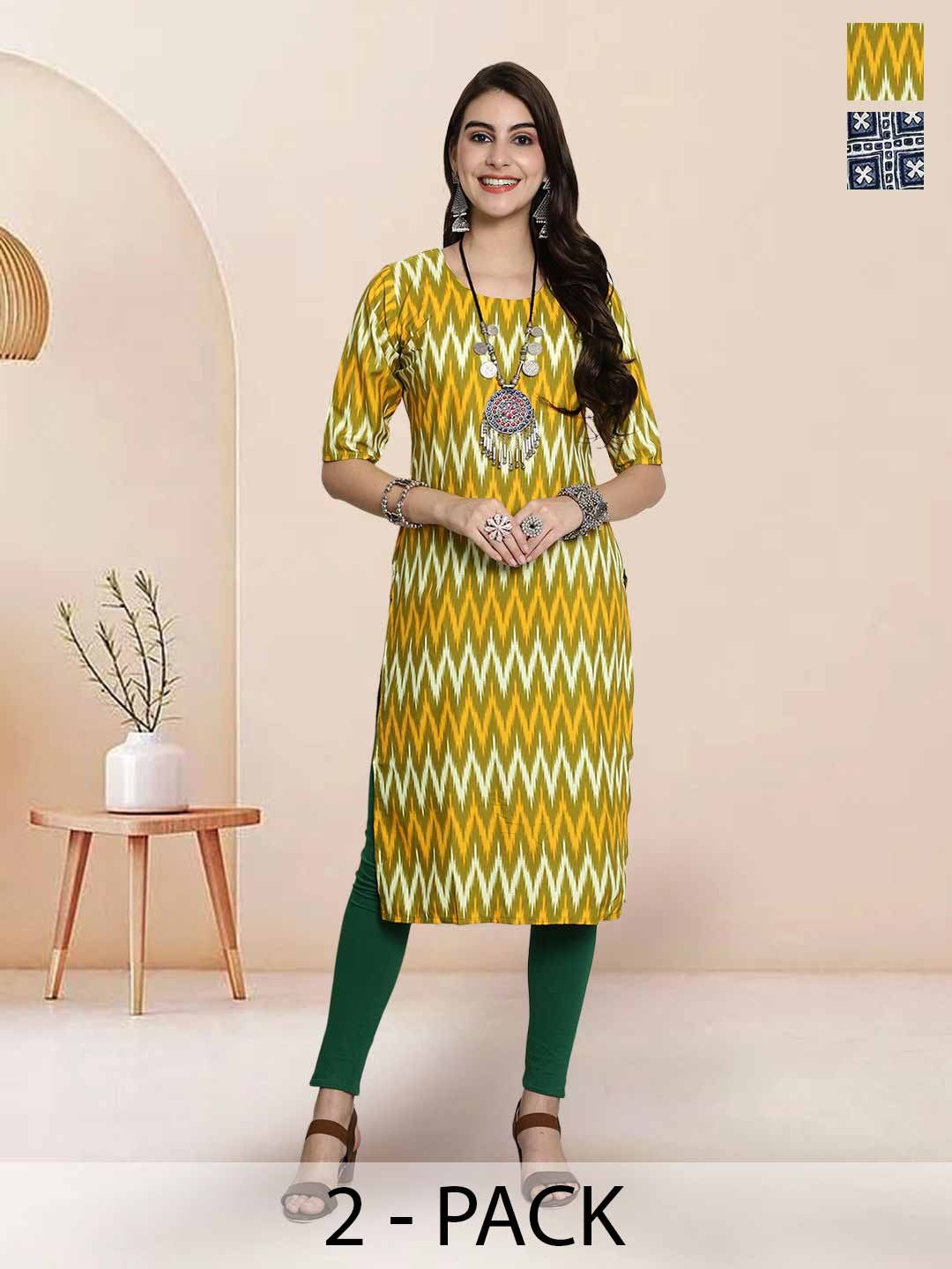 

7Threads Selection Of 2 Chevron Printed Round Neck Straight Kurtas, Yellow