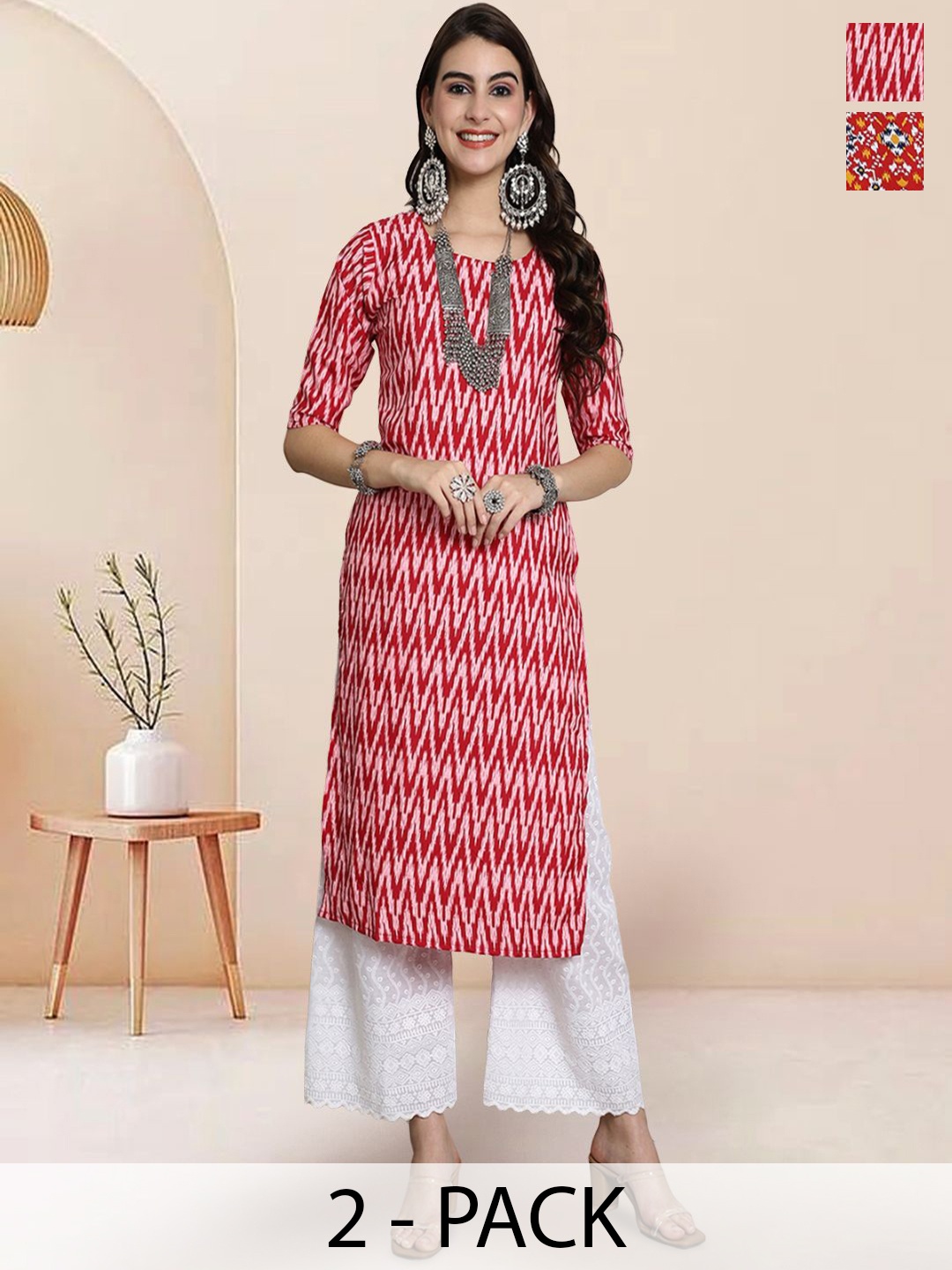 

7Threads Selection Of 2 Chevron Printed Round Neck Straight Kurtas, Pink