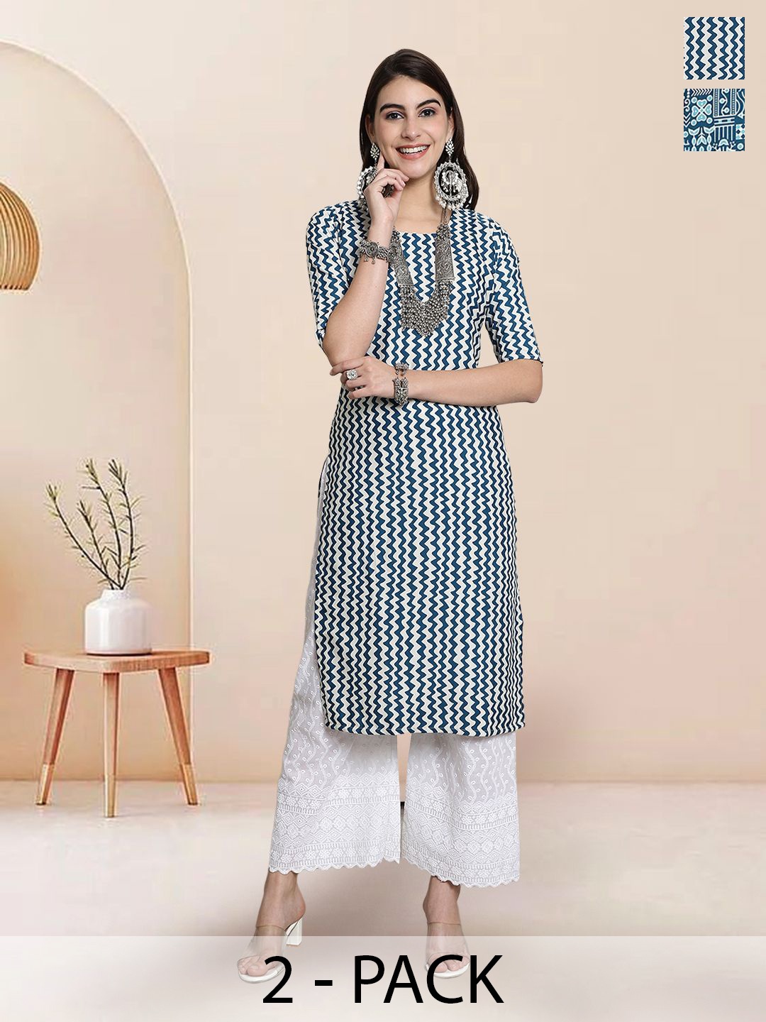 

7Threads Selection Of 2 Chevron Printed Round Neck Straight Kurtas, Blue