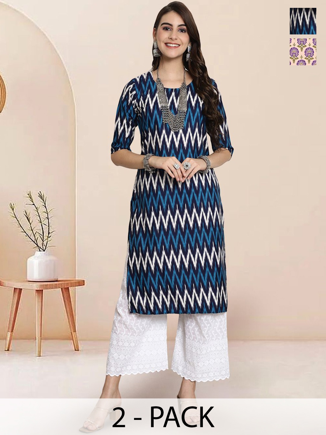 

7Threads Selection Of 2 Chevron Printed Round Neck Kurtas, Blue