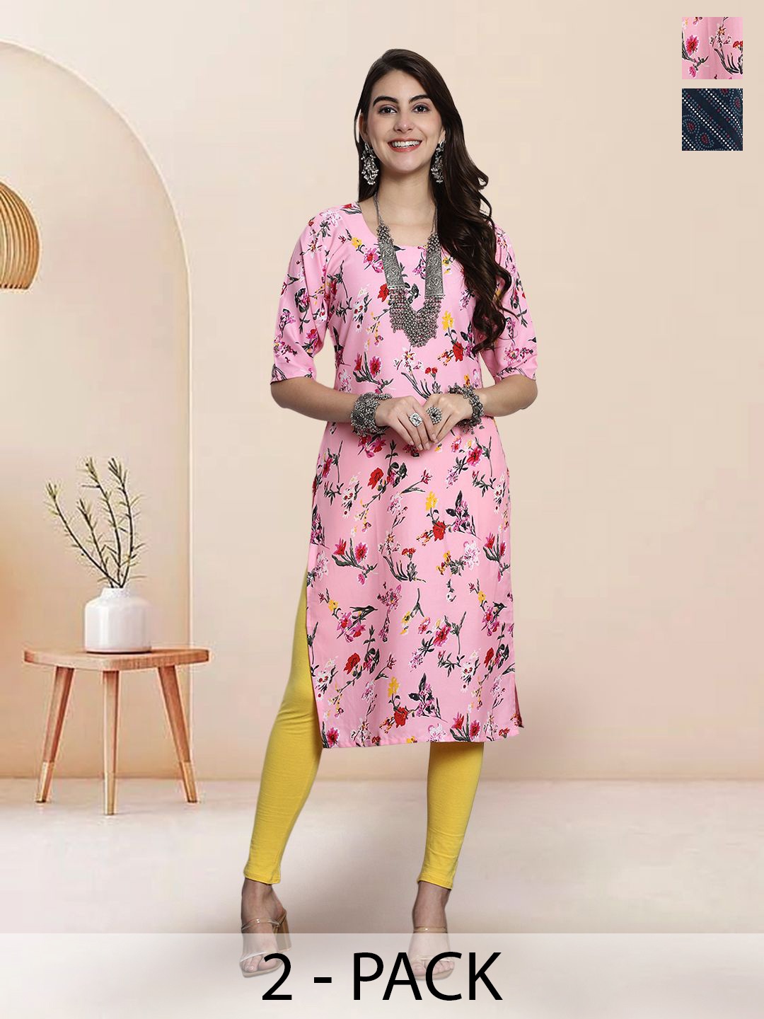 

7Threads Selection Of 2 Floral Printed Round Neck Straight Kurtas, Pink