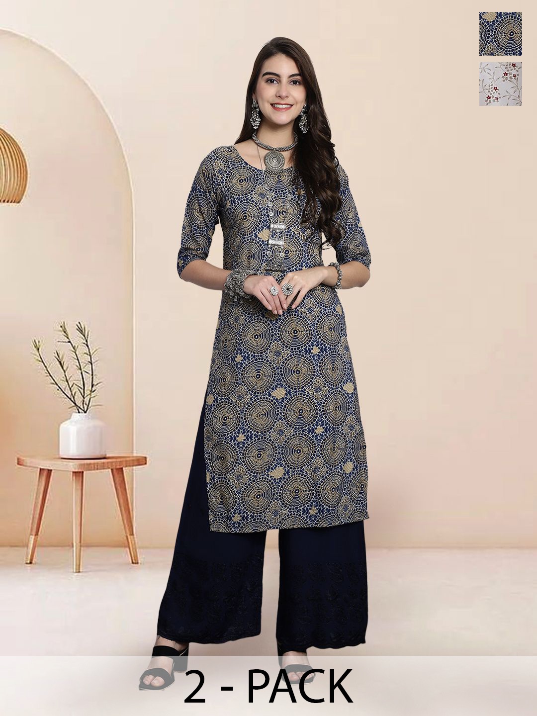 

7Threads Selection Of 2 Ethnic Motifs Printed Round Neck Straight Kurtas, Navy blue