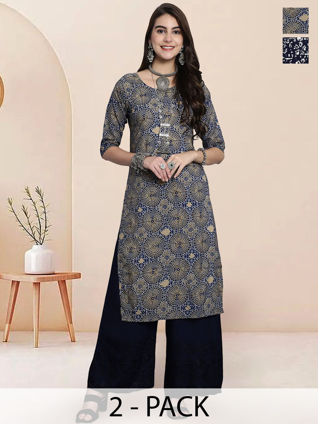 

7Threads Selection of 2 Ethnic Motifs Printed Round Neck Straight Kurtas, Navy blue