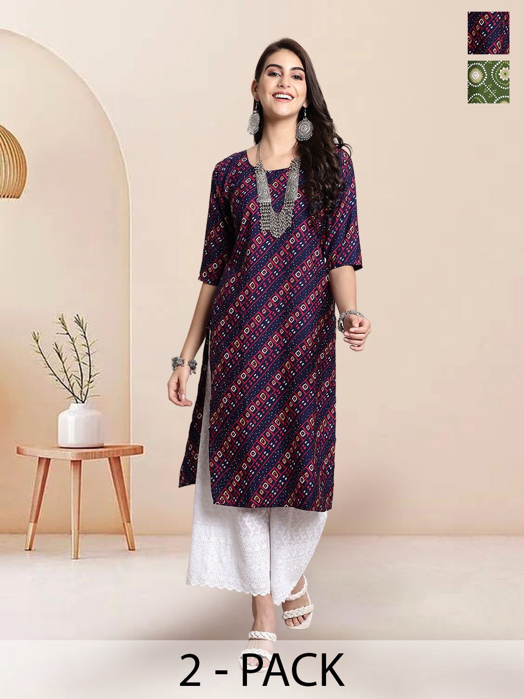 

7Threads Selection Of 2 Geometric Printed Round Neck Straight Kurtas, Blue