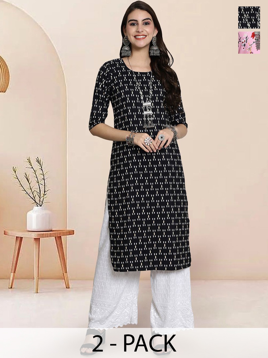 

7Threads Selection Of 2 Geometric Printed Round Neck Straight Kurtas, Black