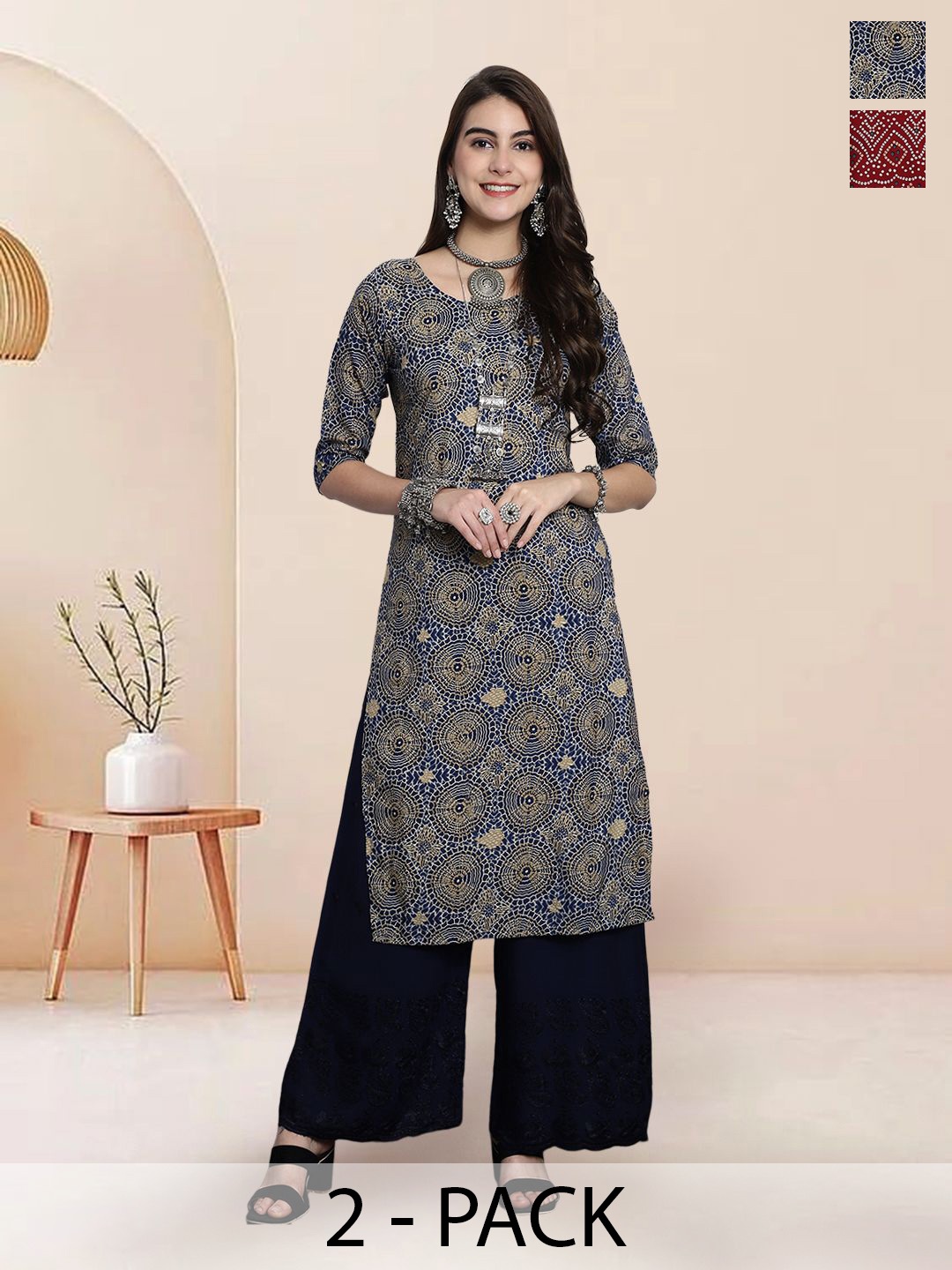 

7Threads Selection Of 2 Ethnic Motifs Printed Round Neck Straight Kurtas, Navy blue