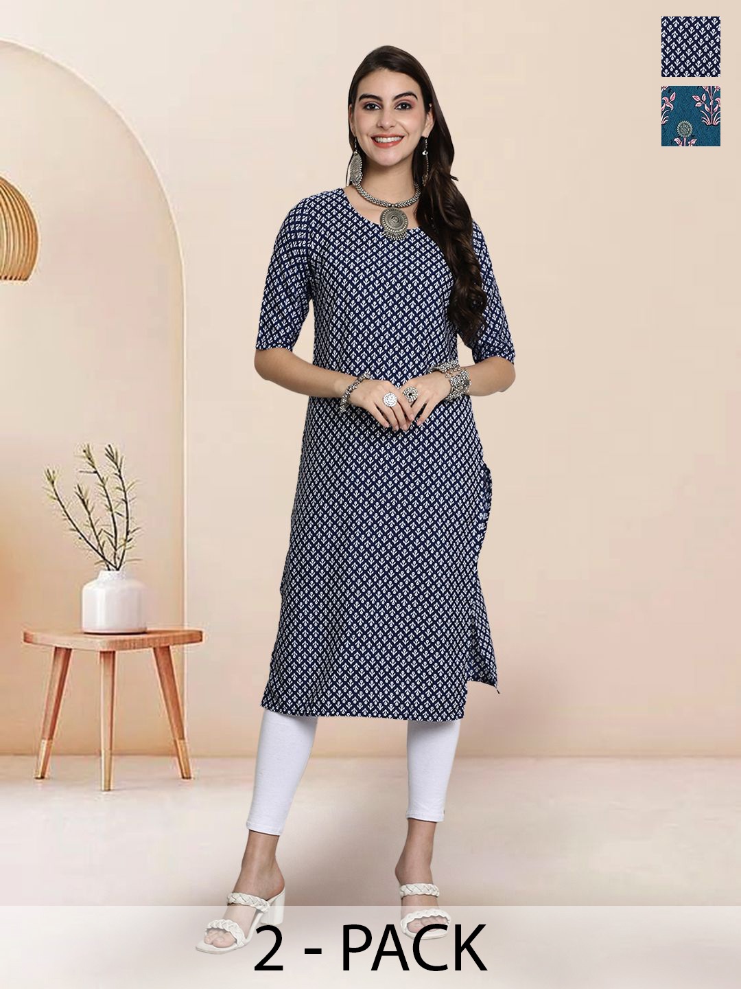 

7Threads Selection of 2 Floral Printed Round Neck Straight Kurtas, Blue