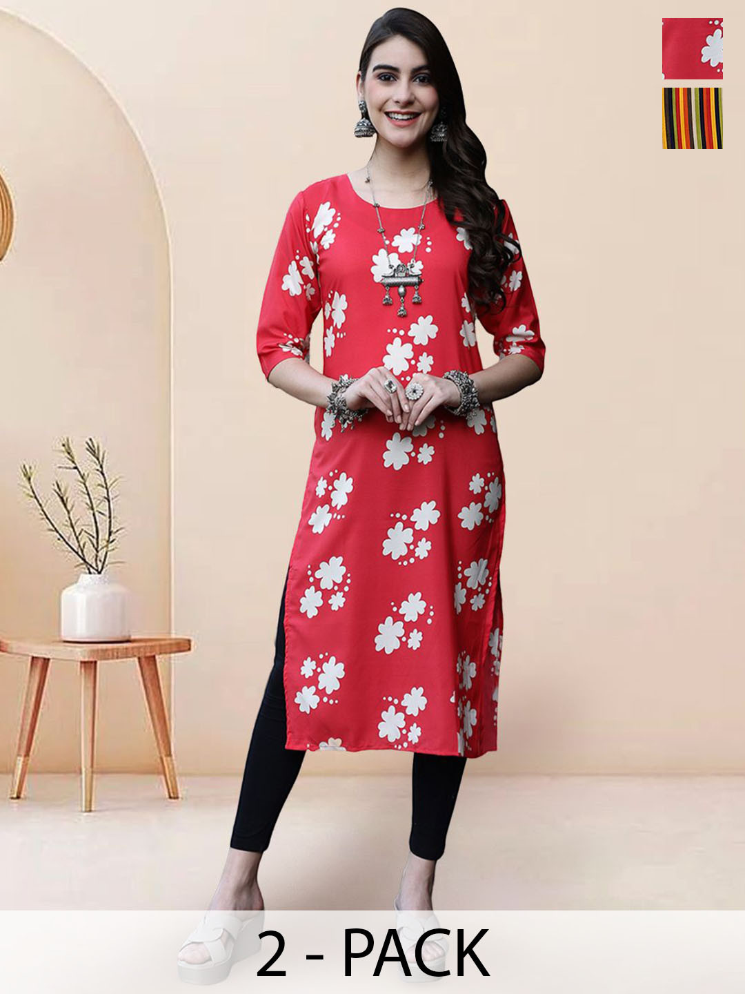 

7Threads Selection Of 2 Floral Printed Round Neck Straight Kurtas, Red