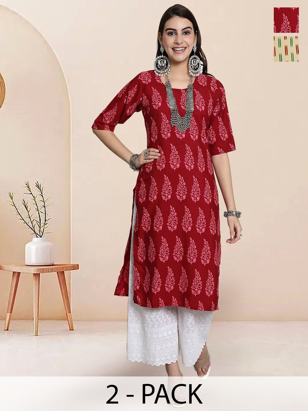 

7Threads Selection Of 2 Ethnic Motifs Printed Round Neck Kurtas, Red