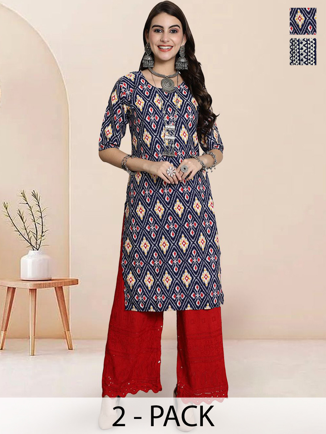 

7Threads Selection Of 2 Ethnic Motifs Printed Round Neck Straight Kurtas, Navy blue