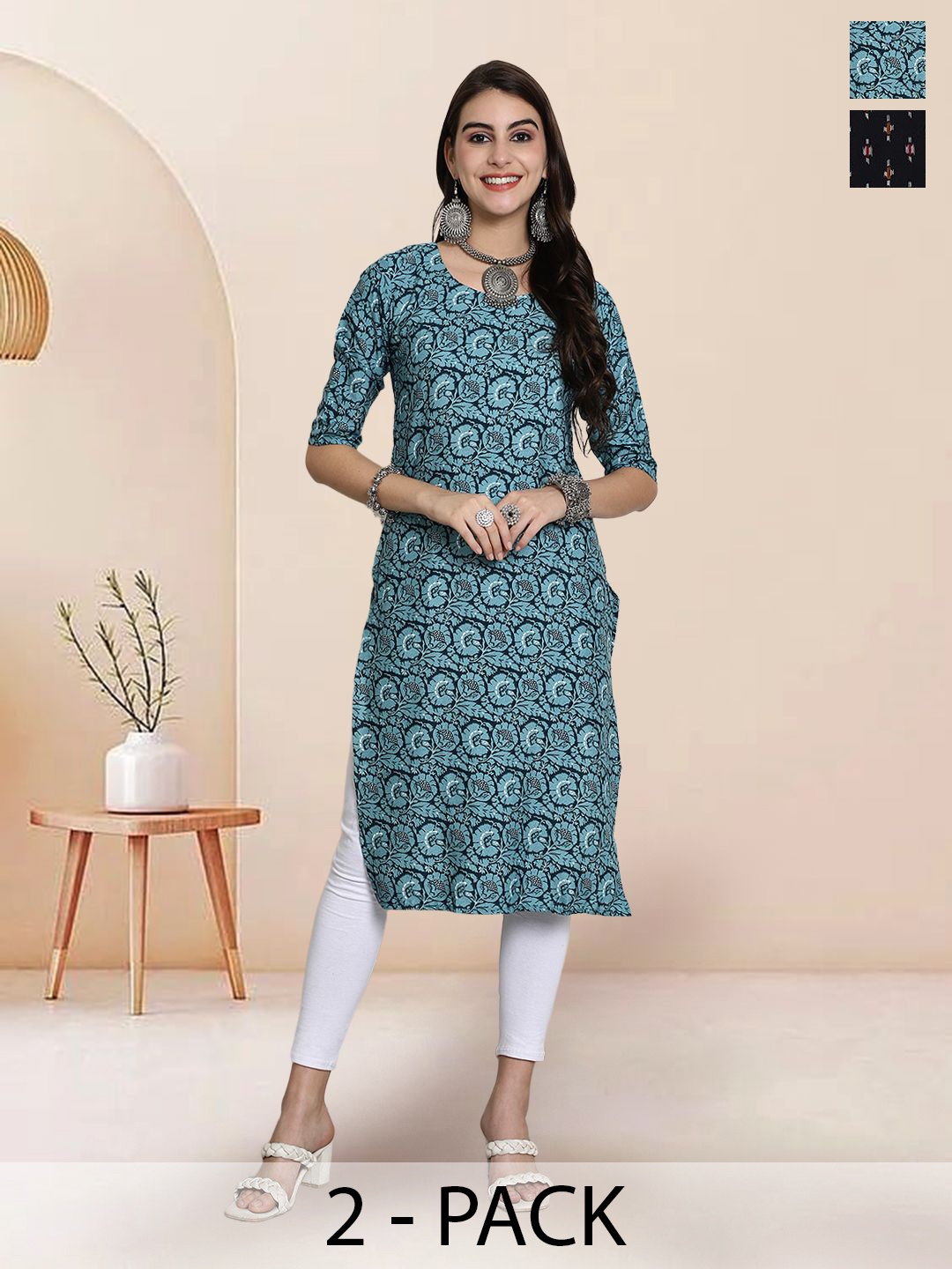 

7Threads Selection Of 2 Floral Printed Round Neck Straight Kurta, Blue