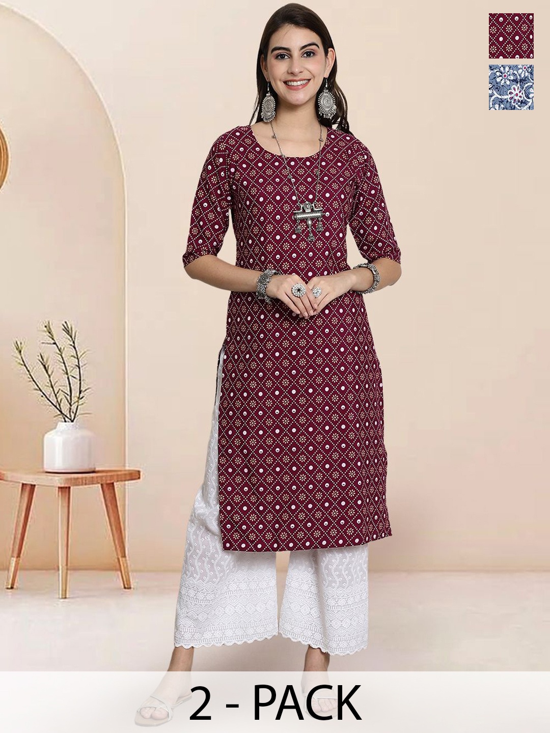 

7Threads Selection Of 2 Bandhani Printed Round Neck Straight Kurtas, Maroon