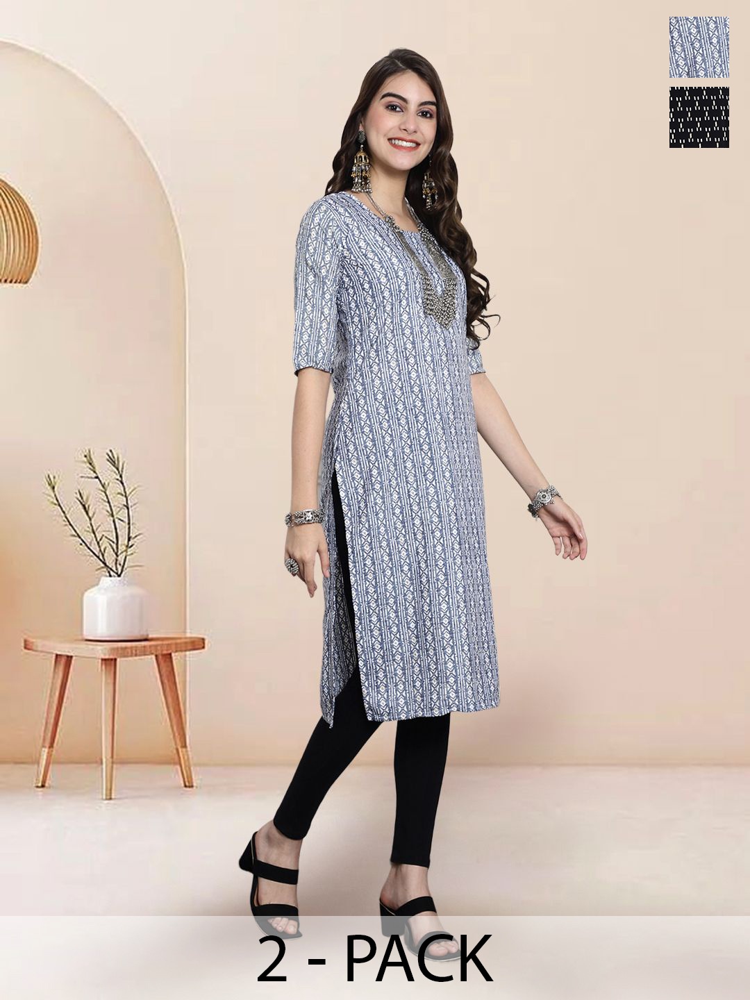 

7Threads Selection Of 2 Geometric Printed Round Neck Straight Kurtas, Blue