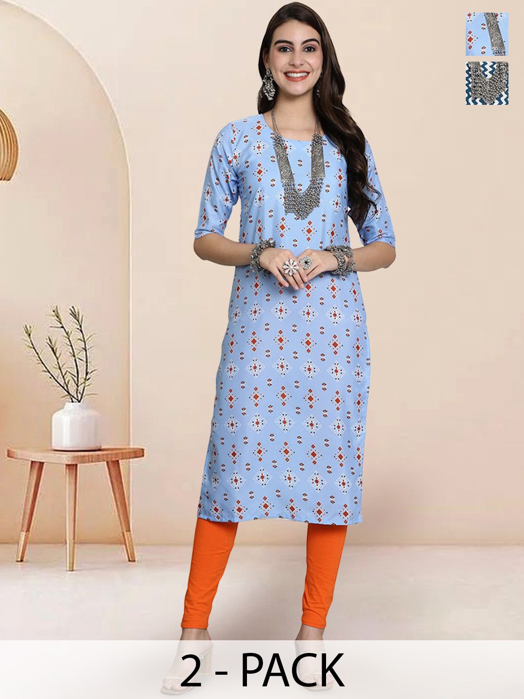 

7Threads Selection Of 2 Geometric Printed Round Neck Straight Kurtas, Blue